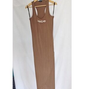 Bebe‎ Maxi Dress Racerback Bling Brown Pine Bark Crystal Logo Large Knit
